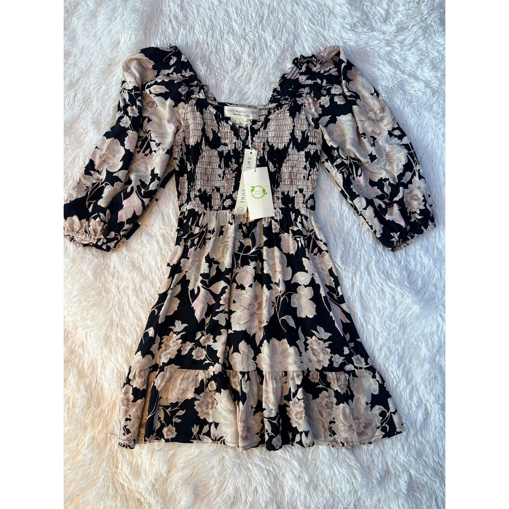 Saltwater Luxe Mini Dress Womens XS Black Floral Smocked Puff Sleeve Boho NEW